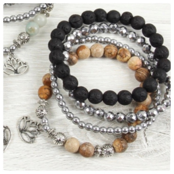 New Brown And Silver Tone Multi Layered Beaded Lotus Charm Stack Boho Bracelets - Picture 3 of 4